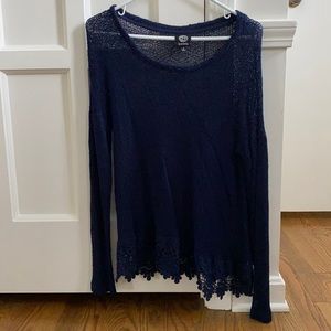 Bobeau Navy blue sweater with lace detail bottom